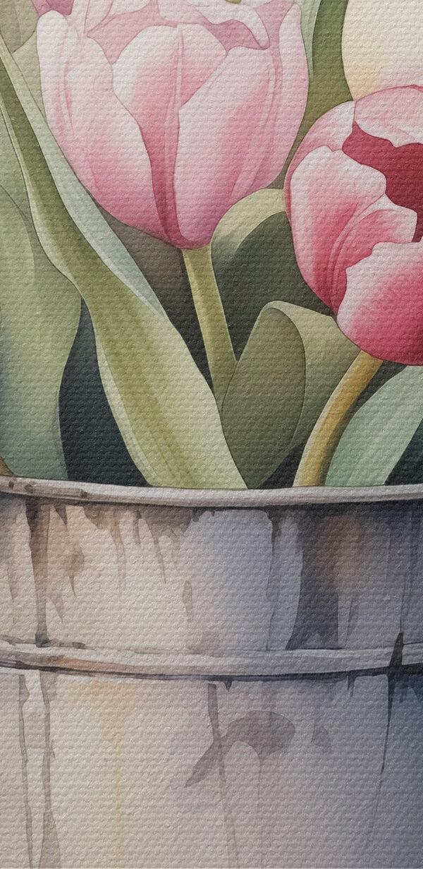 Malba růžových tulipánů v kovovém kbelíku Malba růžových tulipánů v kovovém kbelíku