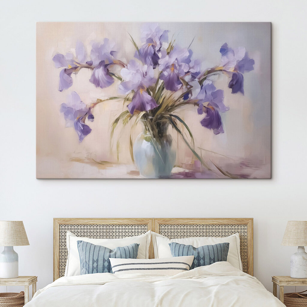Painting of purple flowers in a vase