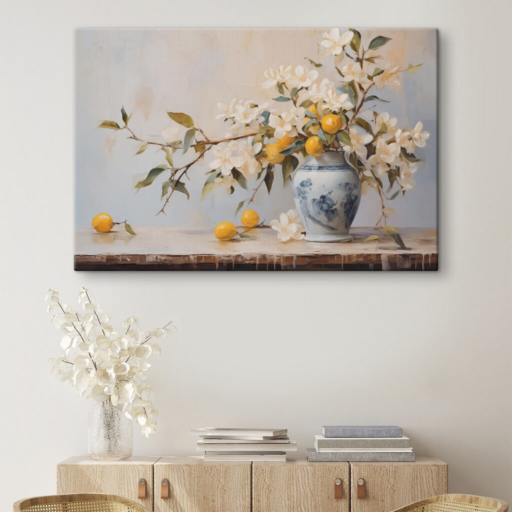 Painting of a vase with flowers and lemons Painting of a vase with flowers and lemons