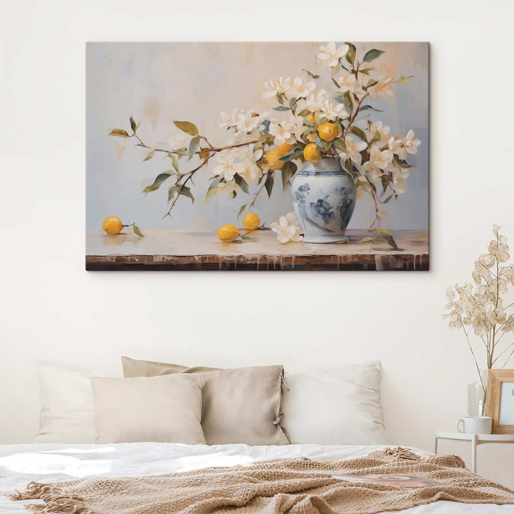 Painting of a vase with flowers and lemons Painting of a vase with flowers and lemons