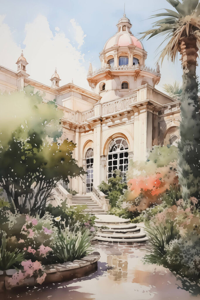 Watercolor painting of a building with a tower and stairs