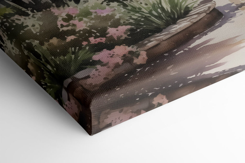 Watercolor painting of a building with a tower and stairs