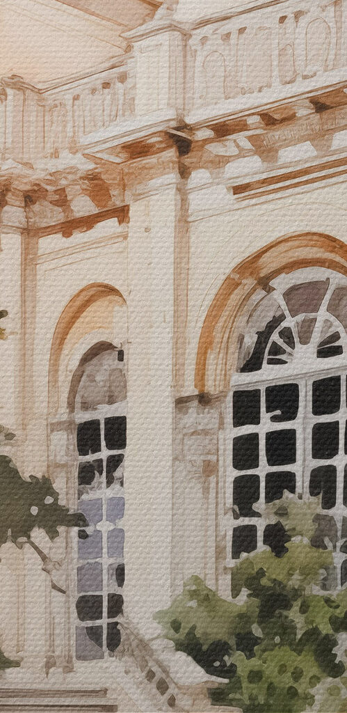 Watercolor painting of a building with a tower and stairs