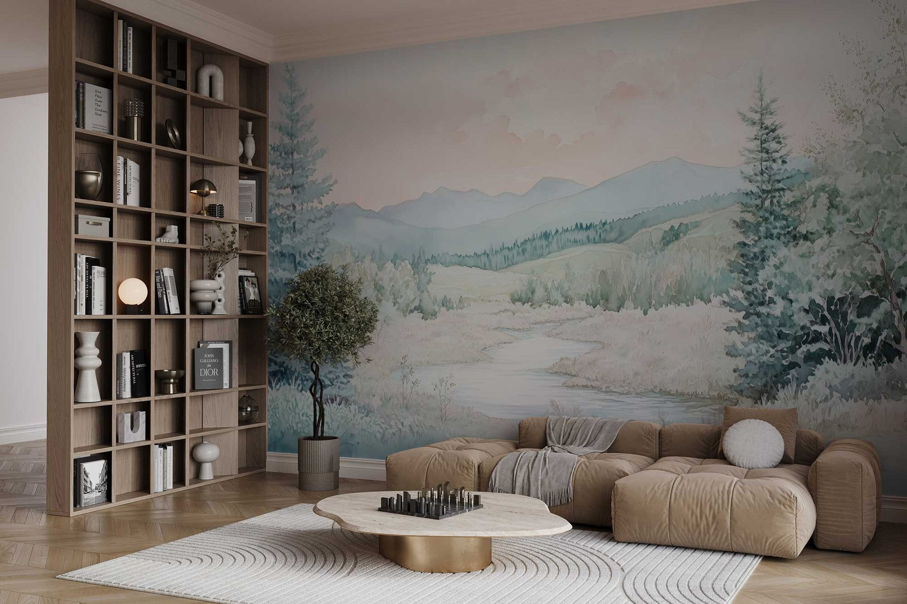 Watercolor painting of a river in a valley Watercolor painting of a river in a valley