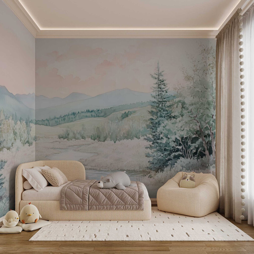 Watercolor painting of a river in a valley Watercolor painting of a river in a valley