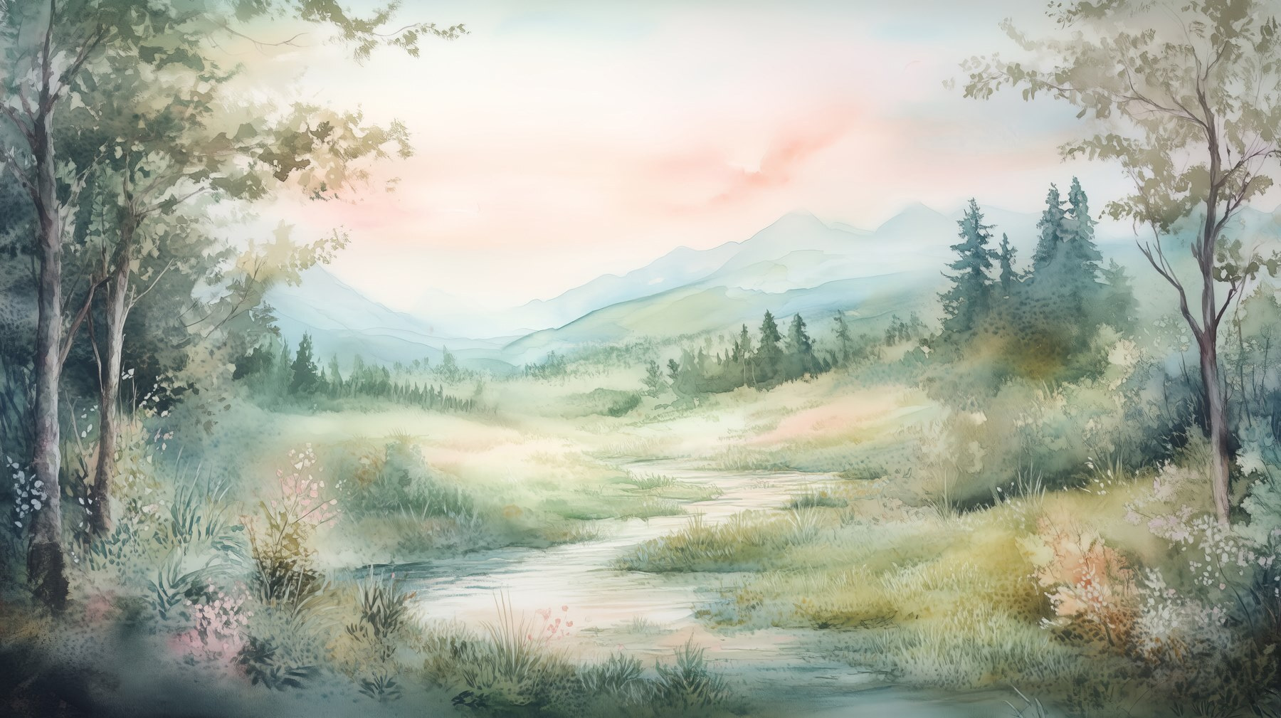 Watercolor painting of a river running through a valley Watercolor painting of a river running through a valley