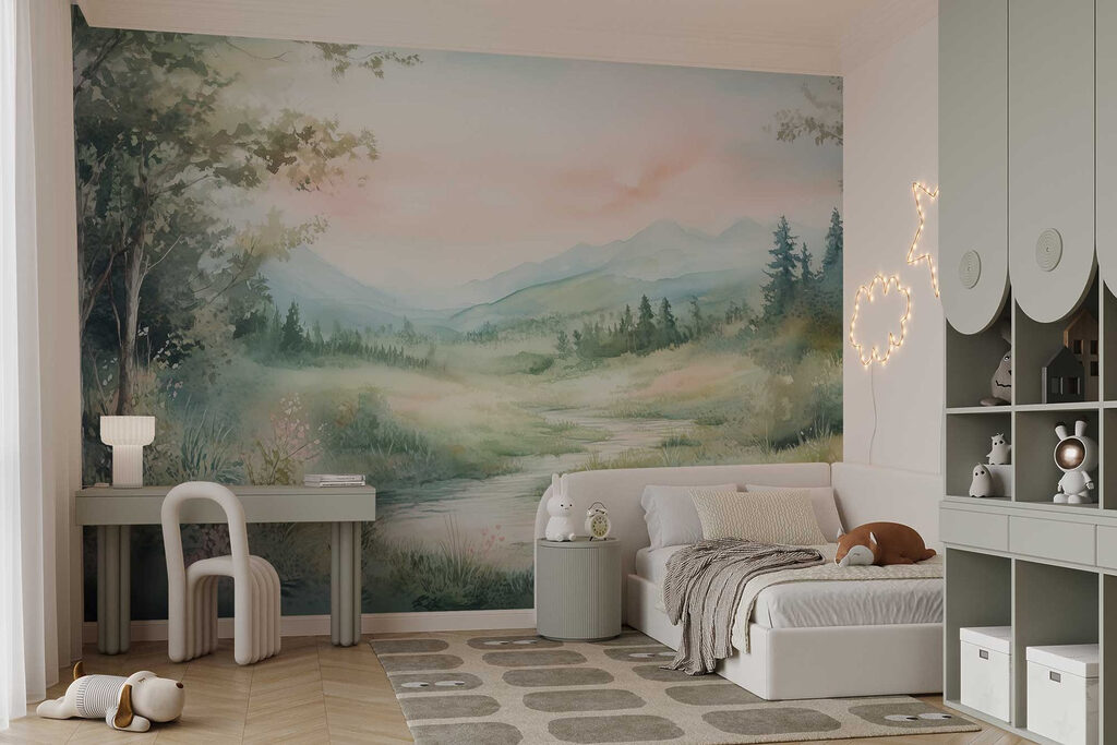 Watercolor painting of a river running through a valley Watercolor painting of a river running through a valley