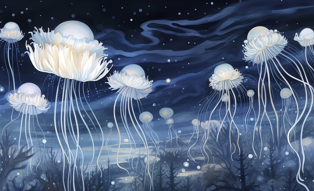 Group of jellyfish under the night sky