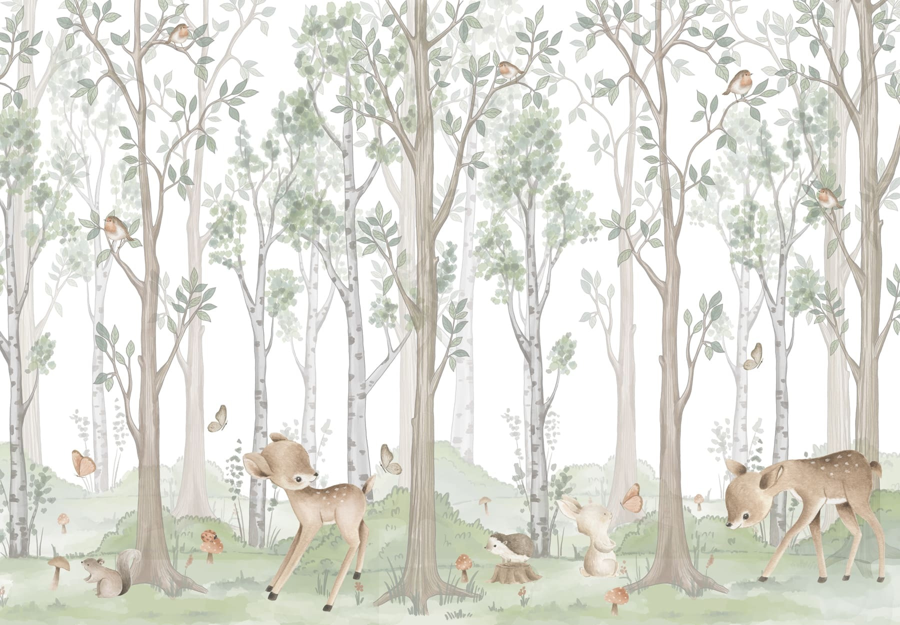 Wallpaper with a forest of trees and animals