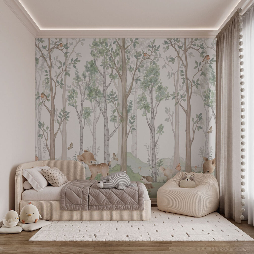 Wallpaper with a forest of trees and animals
