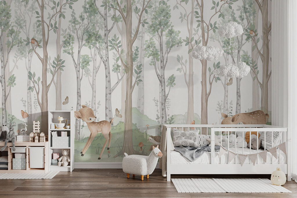 Wallpaper with a forest of trees and animals