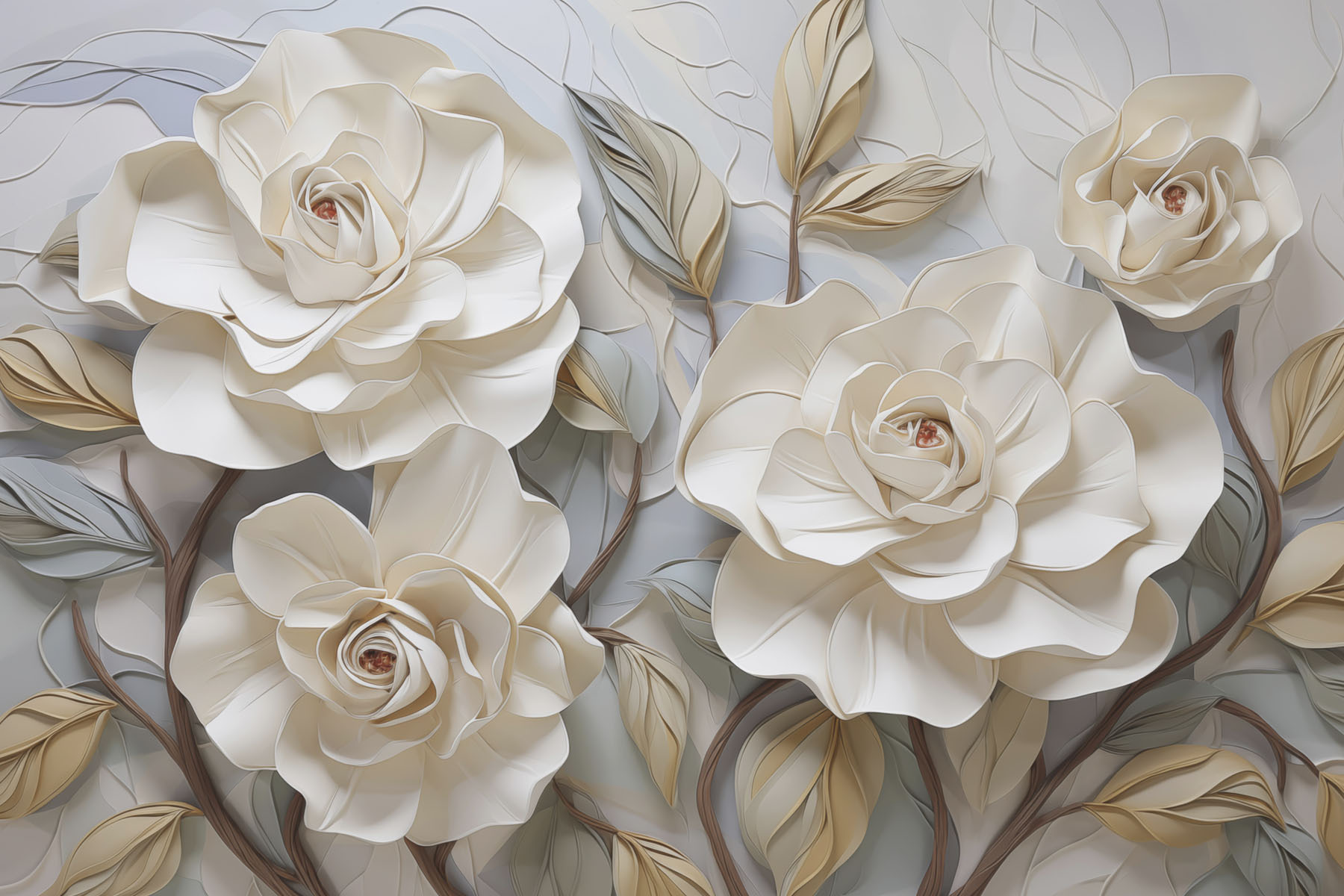 White flowers and leaves on a white surface