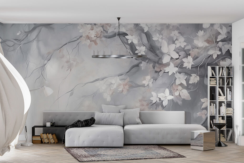 Painting of a tree with white flowers