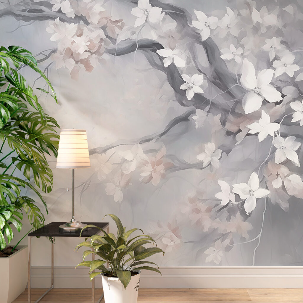 Painting of a tree with white flowers