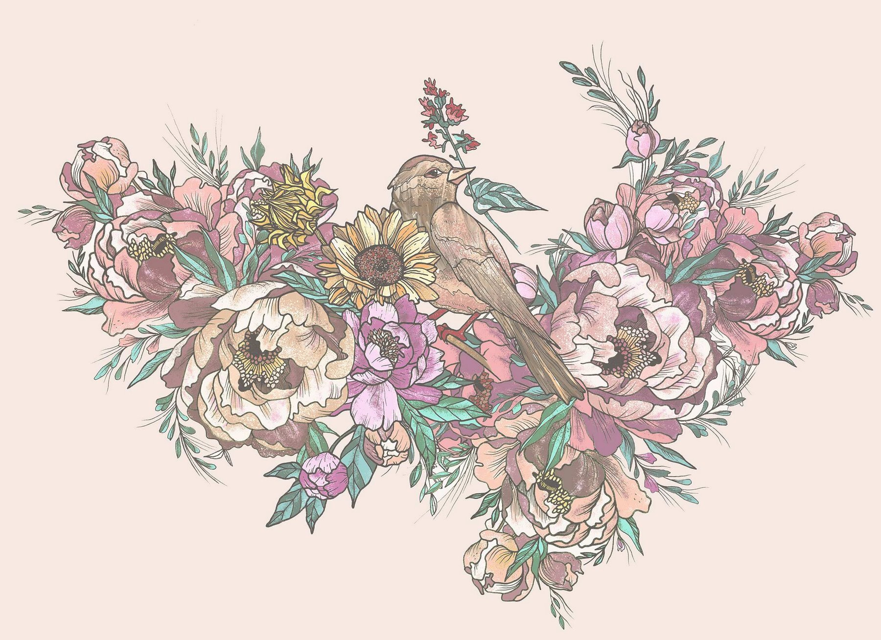 Bird sitting on a bouquet of flowers Bird sitting on a bouquet of flowers
