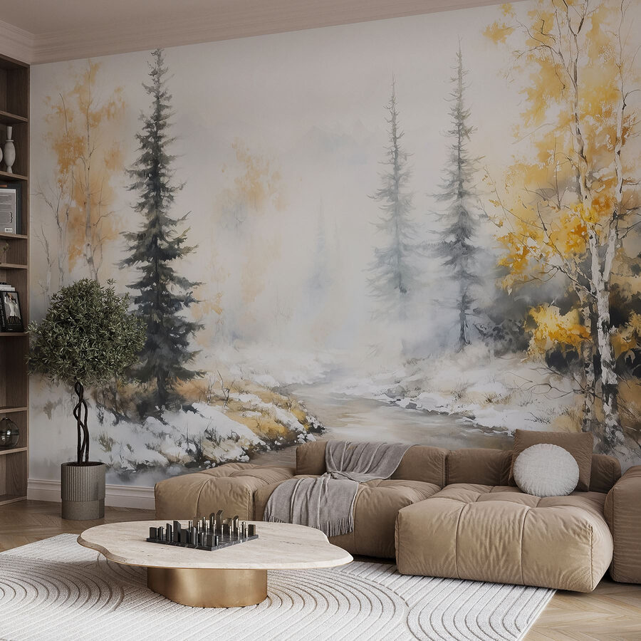Fototapeta Akvarelová malba řeky se stromy a sněhem - Image 5