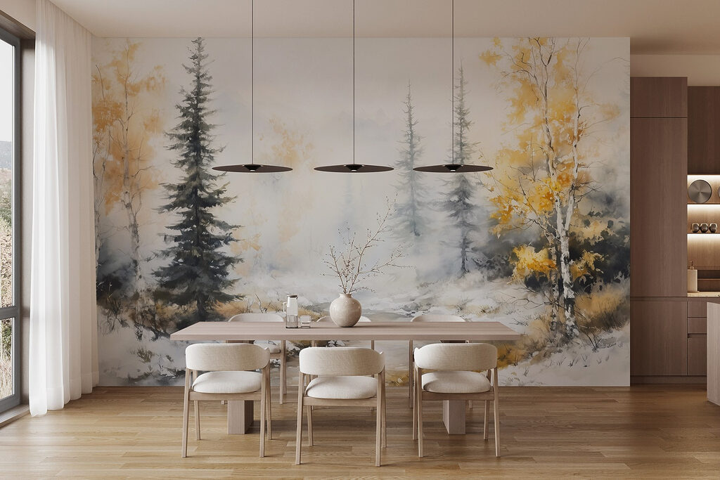 Watercolor painting of a river with trees and snow