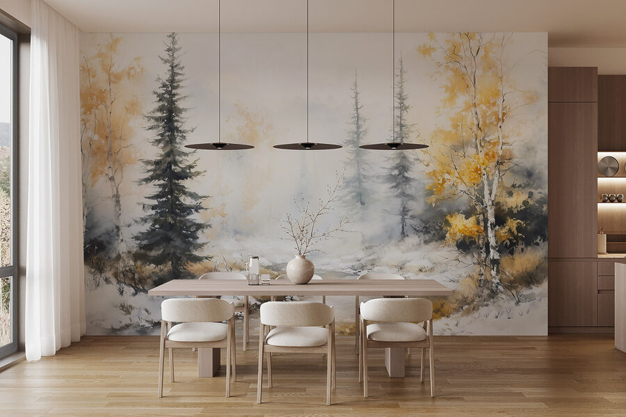 Fototapeta Akvarelová malba řeky se stromy a sněhem - Image 6