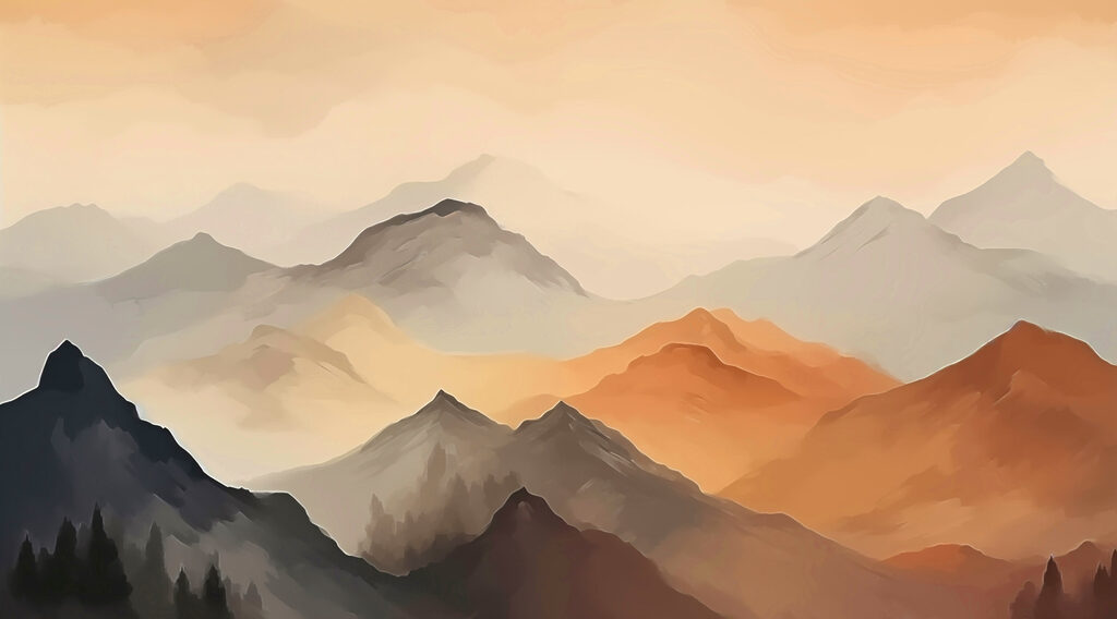 Painting of mountains in the fog