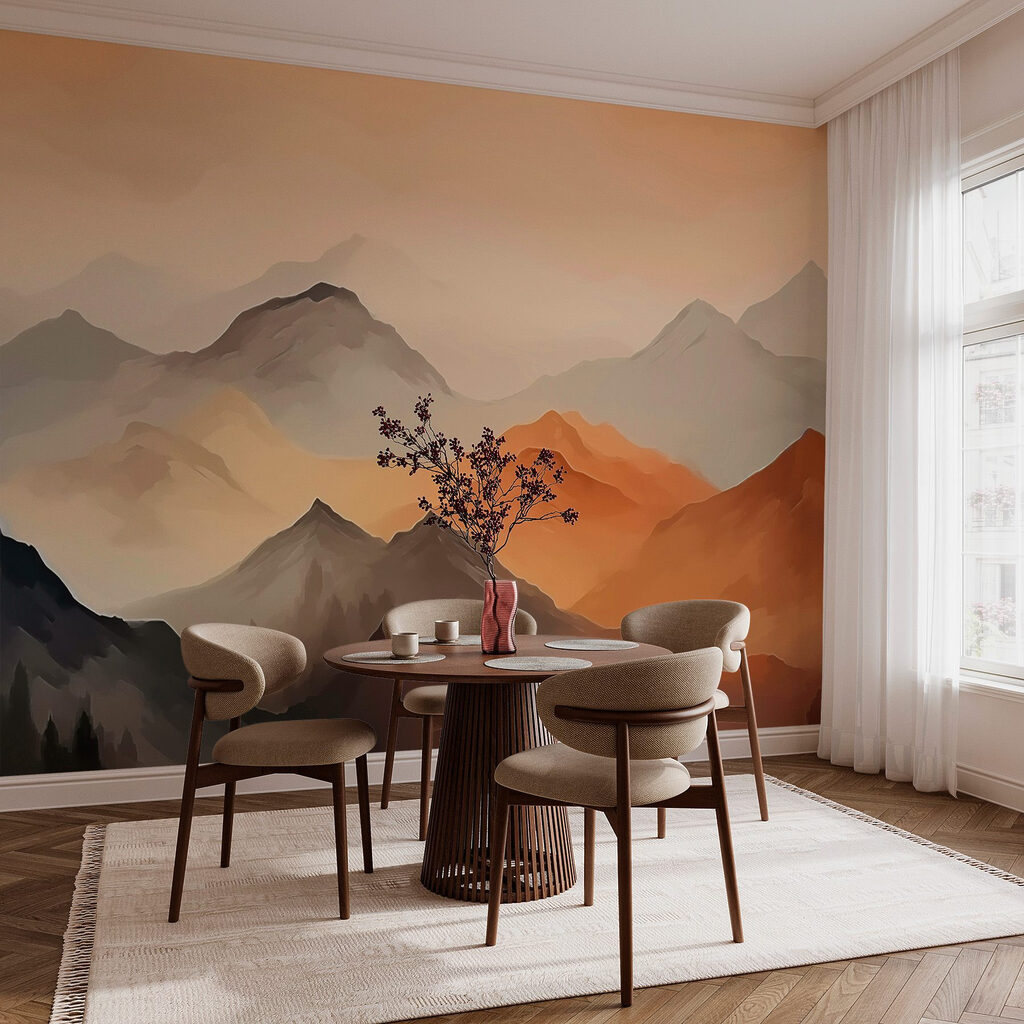 Painting of mountains in the fog