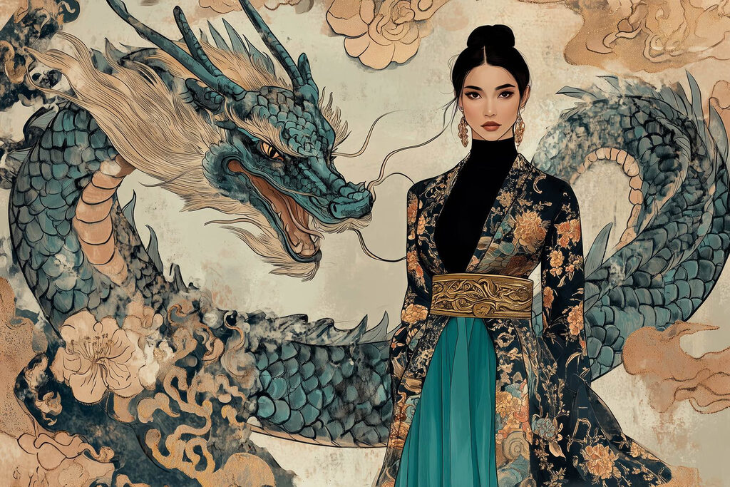 Woman in a kimono and a dragon