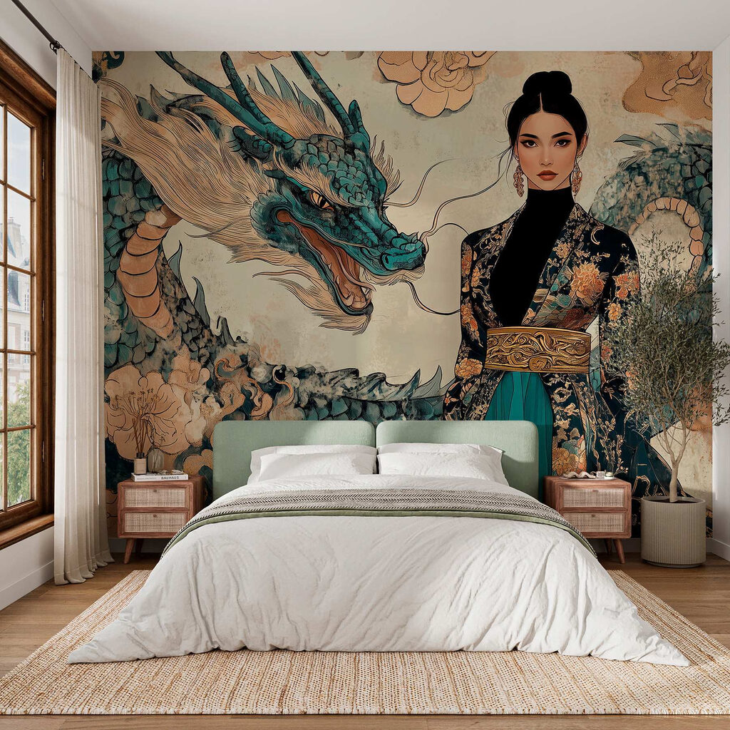 Woman in a kimono and a dragon