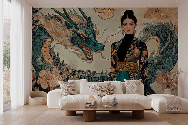 Woman in a kimono and a dragon