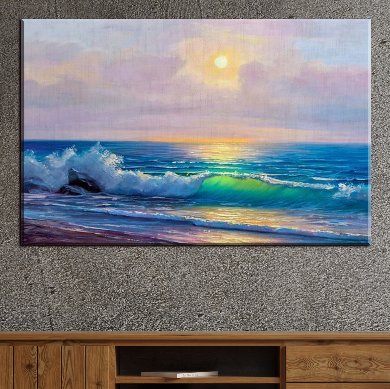 Painting of a beach with waves