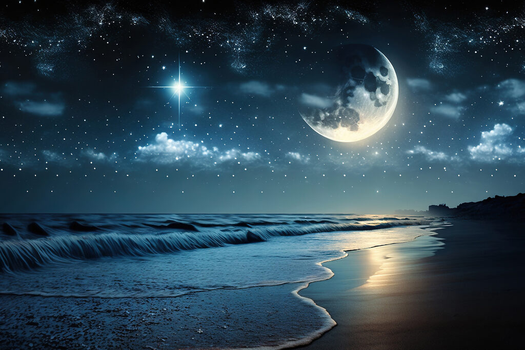 Moon and stars over a beach