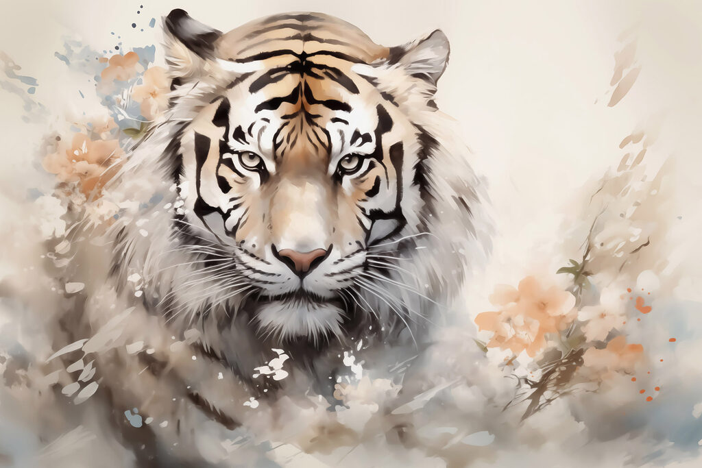 Tiger with flowers in the background