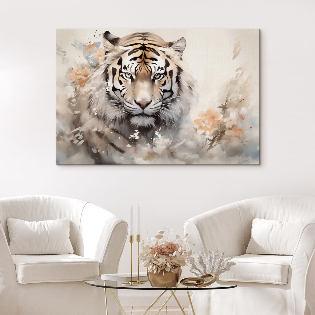 Tiger with flowers in the background
