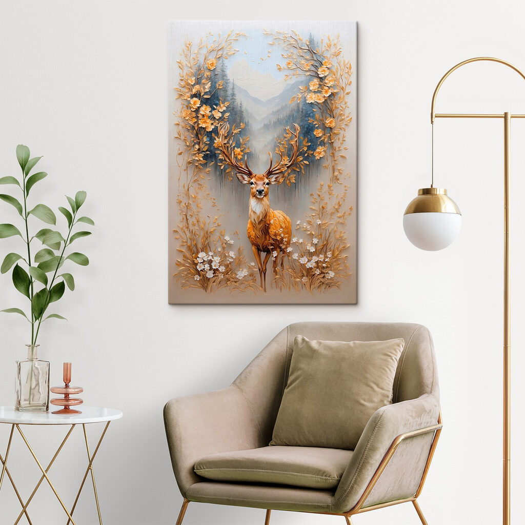 Painting of a deer with flowers and mountains