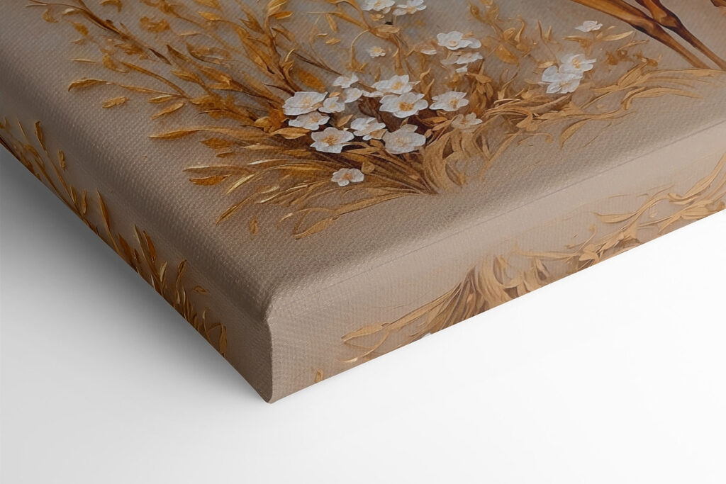 Painting of a deer with flowers and mountains