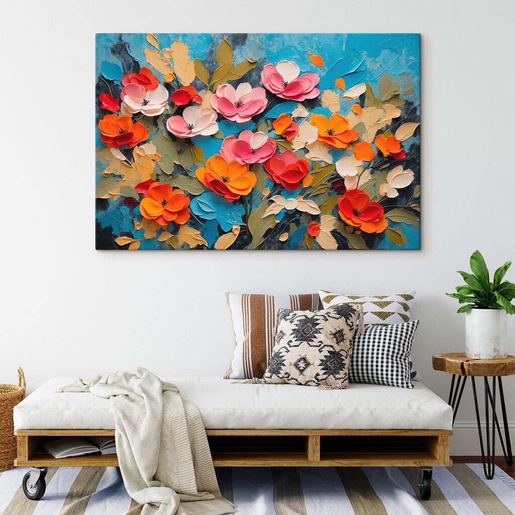 Painting of flowers on a blue surface