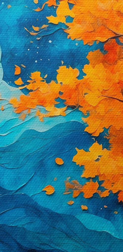 Painting of a tree with orange leaves and blue mountains