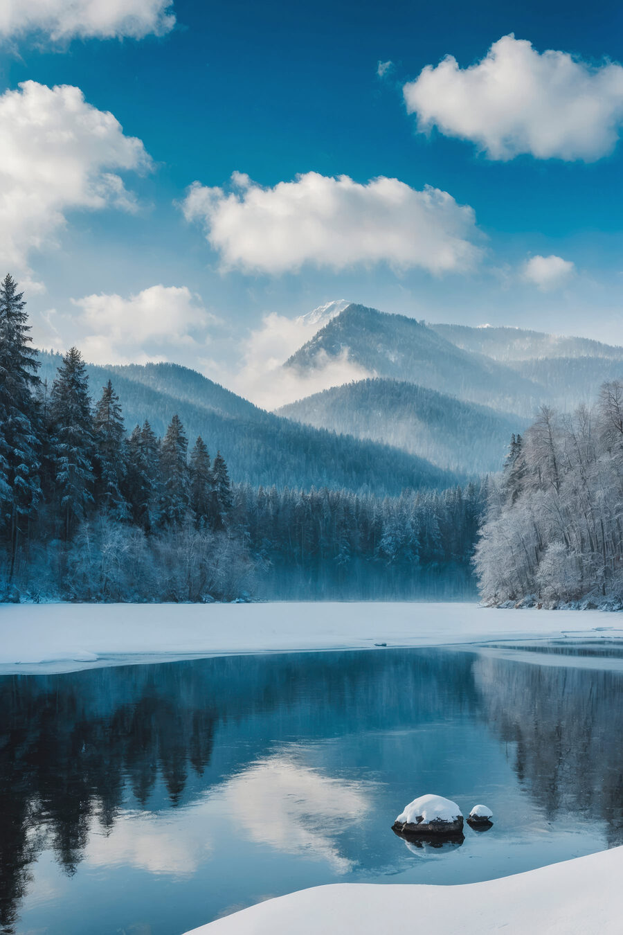 Jezero se sněhem a stromy v pozadí