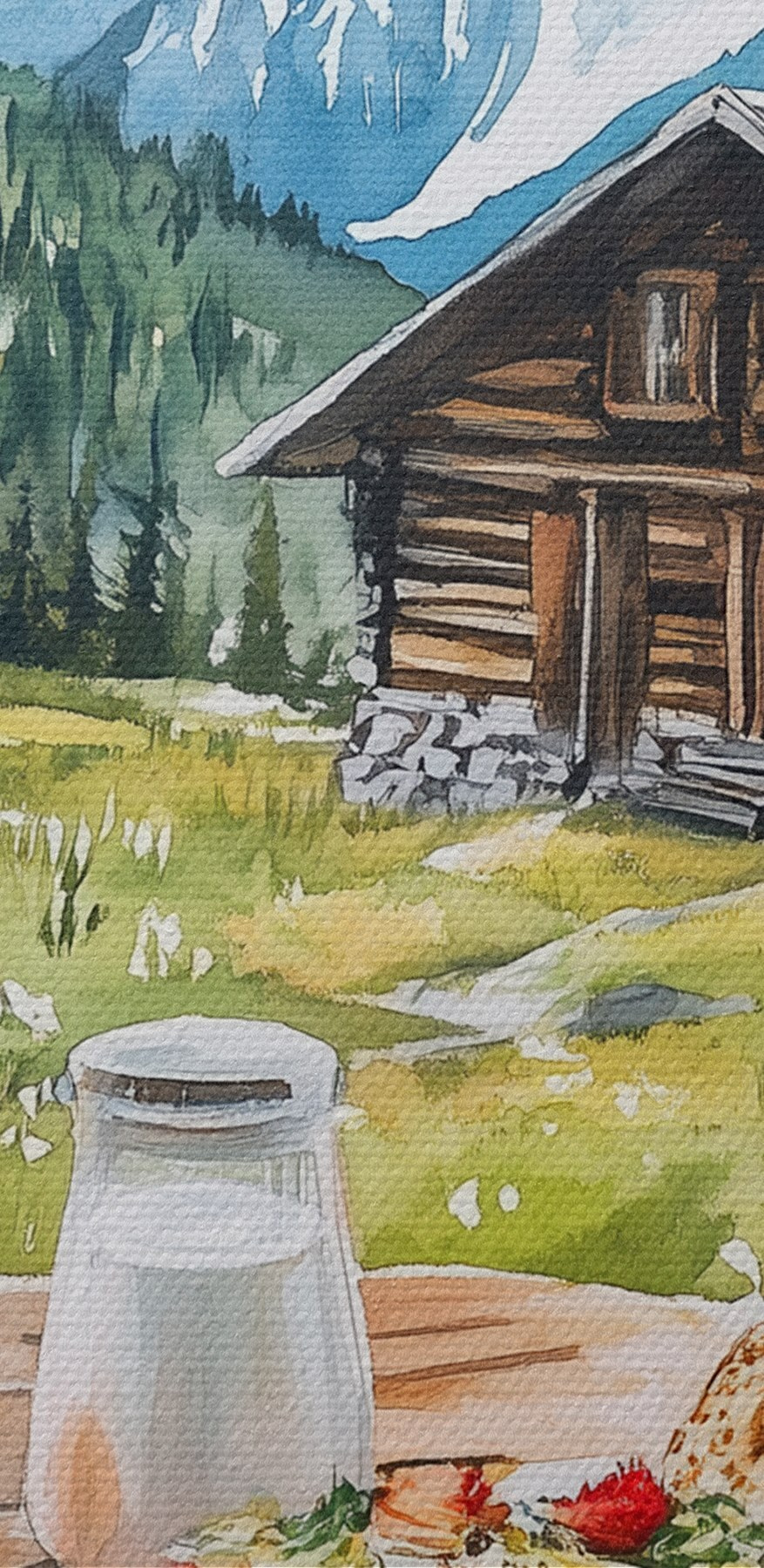 Stůl s jídlem a pitím před horou