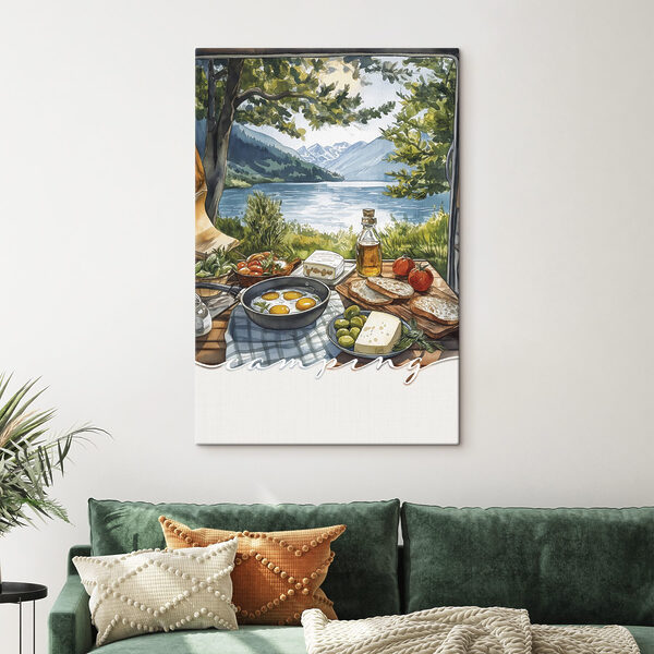 Table with food on it by a lake Table with food on it by a lake