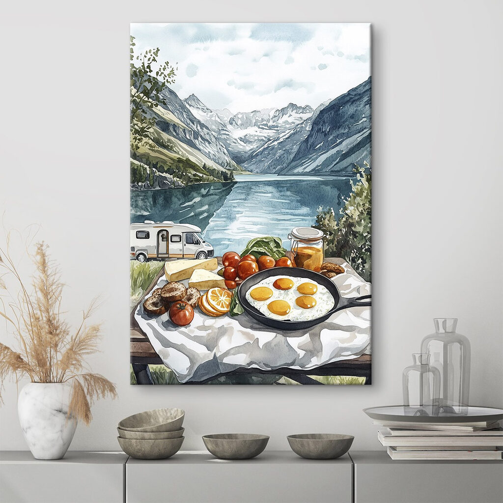 Food on a table next to a lake Food on a table next to a lake