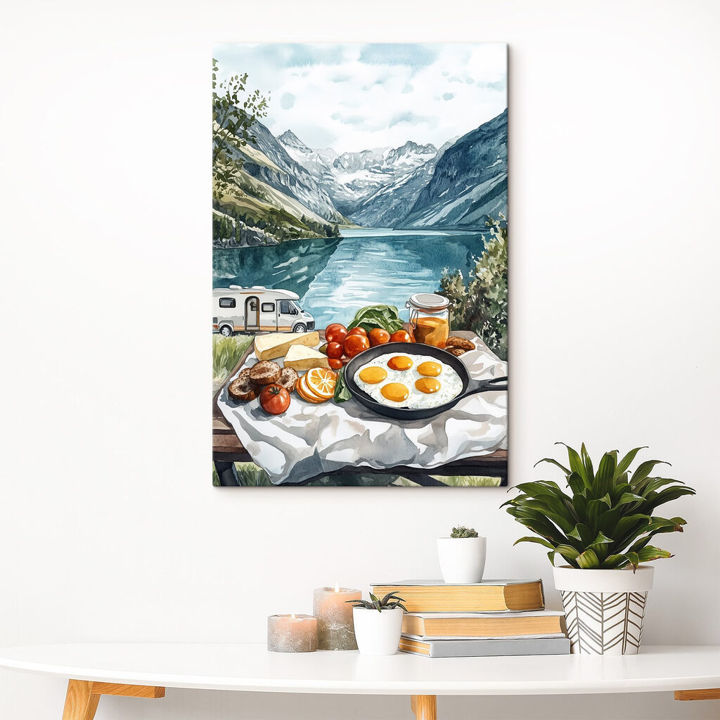 Food on a table next to a lake Food on a table next to a lake