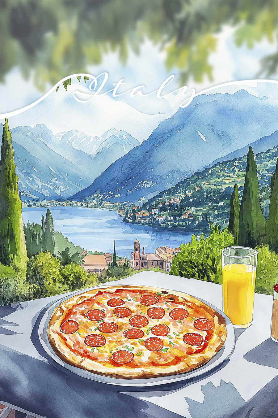 Pizza a džus na stole s horami a stromy