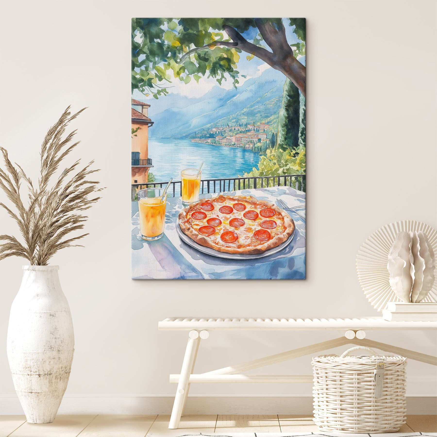 Watercolor painting of a pizza and drinks on a table