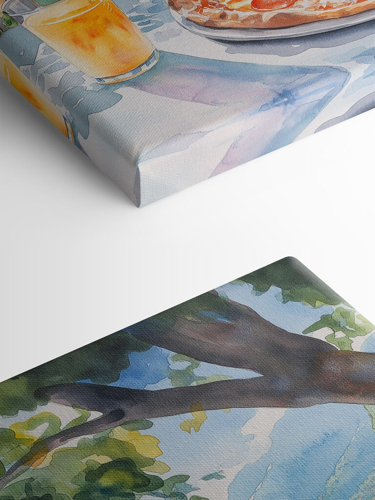 Watercolor painting of a pizza and drinks on a table