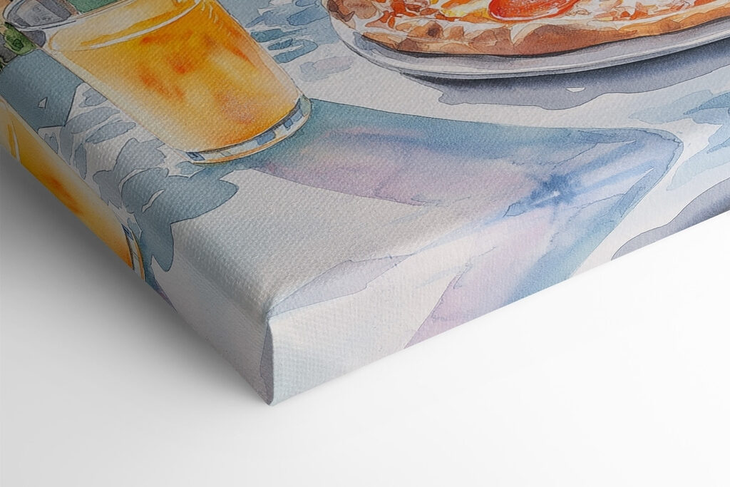 Watercolor painting of a pizza and drinks on a table