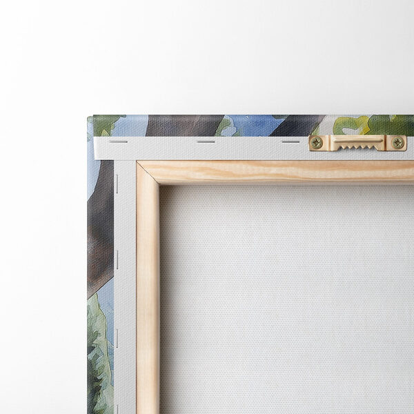 Watercolor painting of a pizza and drinks on a table