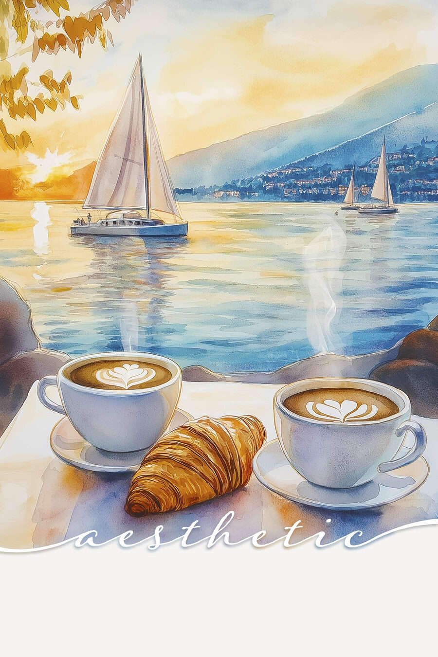 Obraz Dva šálky kávy a croissant na stole s plachetnicí v pozadí - Image 7