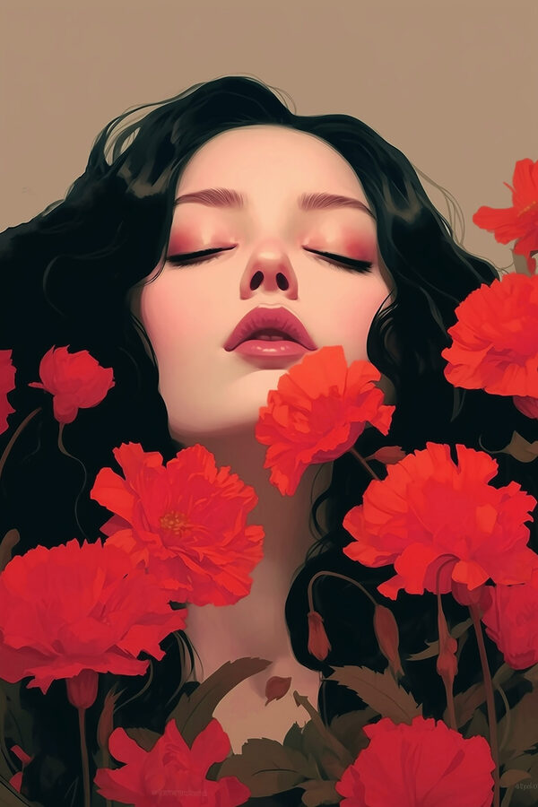 Woman with long black hair surrounded by red flowers Woman with long black hair surrounded by red flowers