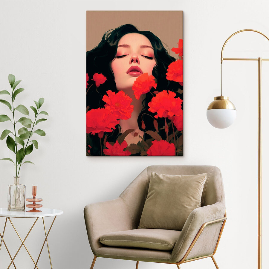 Woman with long black hair surrounded by red flowers Woman with long black hair surrounded by red flowers