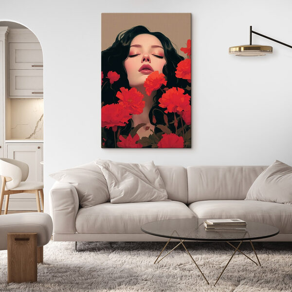 Woman with long black hair surrounded by red flowers Woman with long black hair surrounded by red flowers
