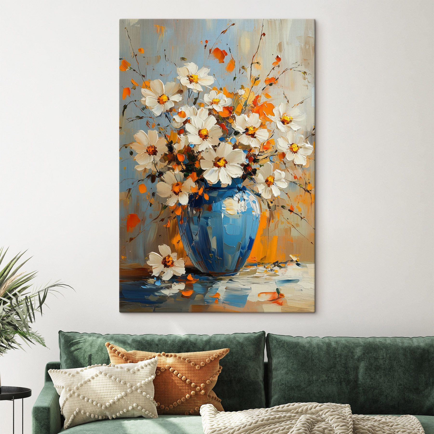 Painting of flowers in a blue vase